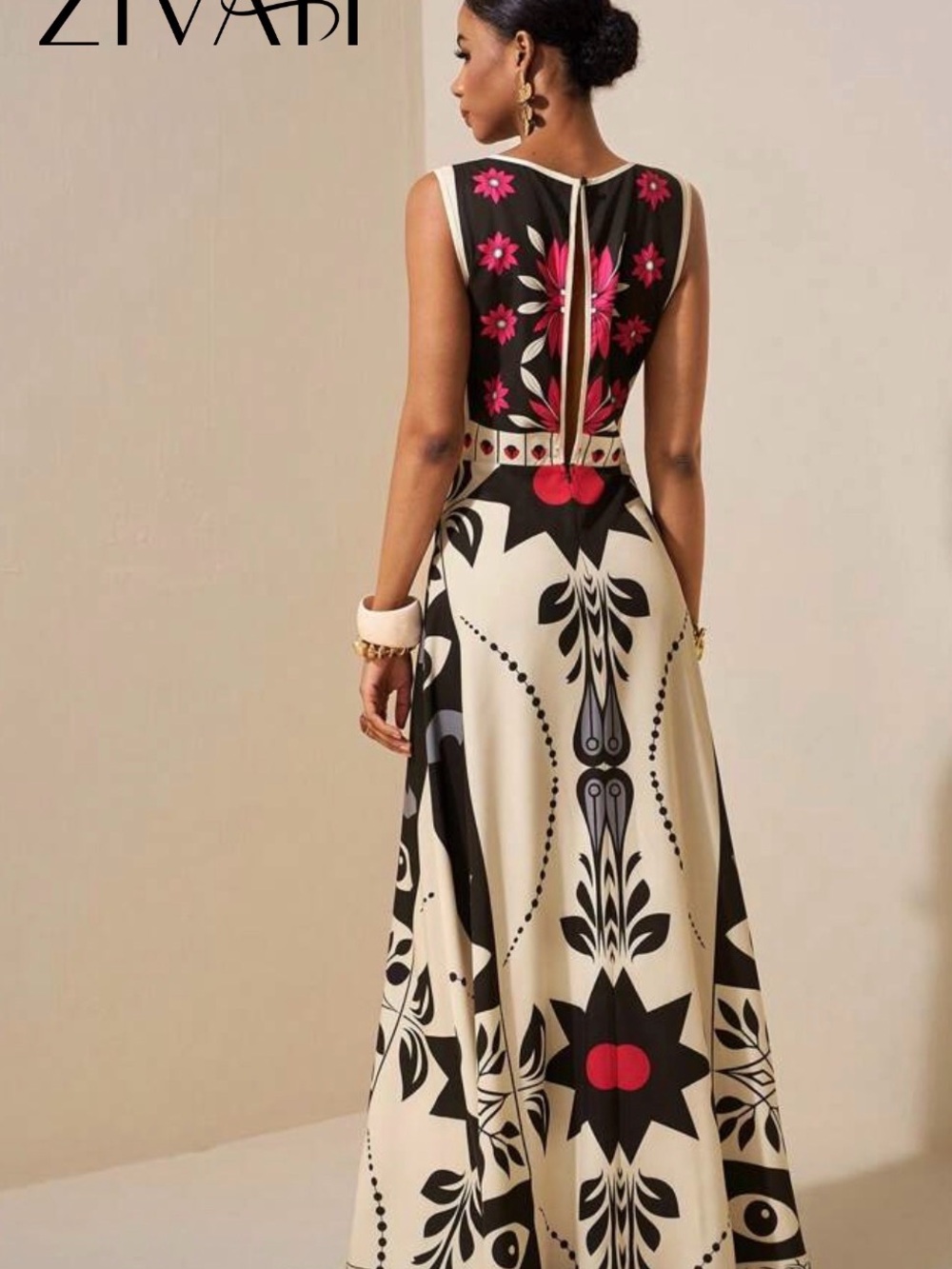 SHEIN Cream Maxi Dress with Black & Pink Graphic Floral Print - Picture 2 of 4